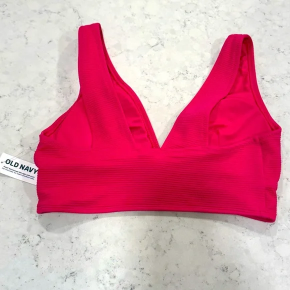 NWT Old Navy Ribbed Textured Hot Pink Plunge Bikini Top Women's Medium Padding - Picture 3 of 9